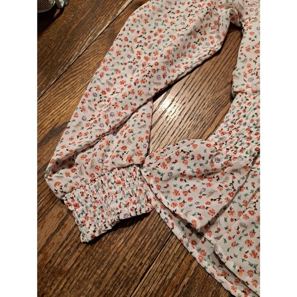 JAPNA Women's Medium V-Neck Floral Ruffle Hem Blouse Sheer Sleeves Pullover Boho - Picture 4 of 5